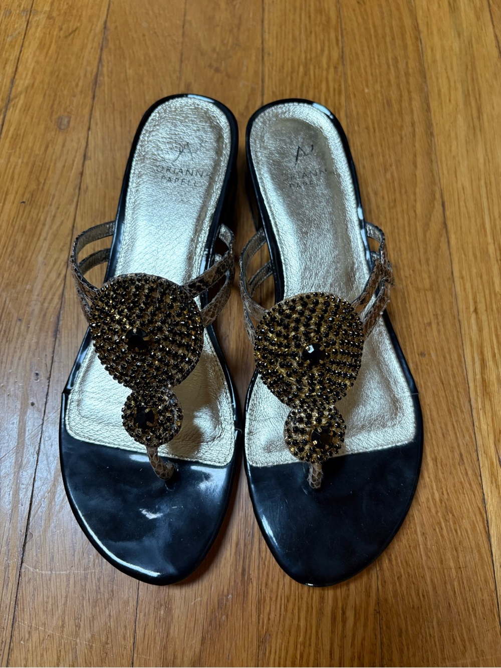 Adrianna Papell Black Patent Sandal with Gold Beaded Medallion
